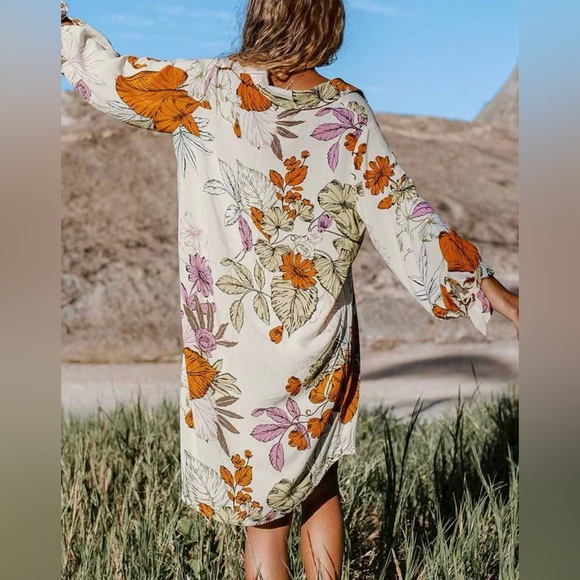 Cupshe Cream Floral Button-Front Tunic Orange & Purple Blooms - Picture 5 of 9